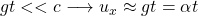gt<< c\longrightarrow u_x\approx gt=\alpha t