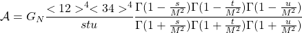\begin{equation*}\mathcal{A}=G_N\dfrac{<12>^4<34>^4}{stu}\dfrac{\Gamma(1-\frac{s}{M^2})\Gamma(1-\frac{t}{M^2})\Gamma(1-\frac{u}{M^2})}{\Gamma(1+\frac{s}{M^2})\Gamma(1+\frac{t}{M^2})\Gamma(1+\frac{u}{M^2})}\end{equation*}