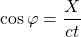 \[ \cos \varphi=\dfrac{X}{ct}\]