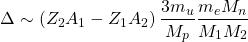 \begin{equation*} \Delta\sim \left(Z_2A_1-Z_1A_2\right)\dfrac{3m_u}{M_p}\dfrac{m_eM_n}{M_1M_2} \end{equation*}